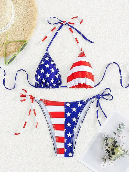 American Flag Print Micro Bikini Set Adjustable Patriotic Tie-Front Halter Two-Piece Swimsuit Summer Women Sexy Swimming Clothes
