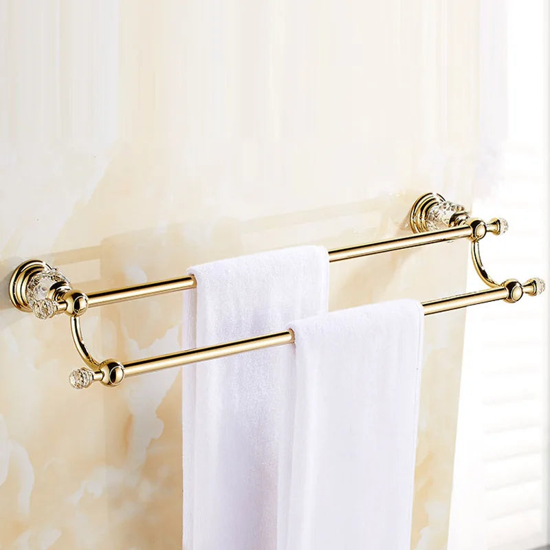 Luxury Gold Polished Brass Bathroom Accessories Set - Wall-Mounted Crystal Bath Hardware Collection
