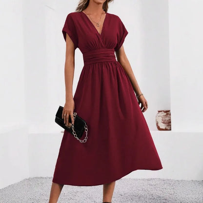 Woman Summer Solid-Color V-Neck Batwing-Sleeve Pleated Long Elegant Dress Woman Clothing Tops Skirts Y2k Clothes