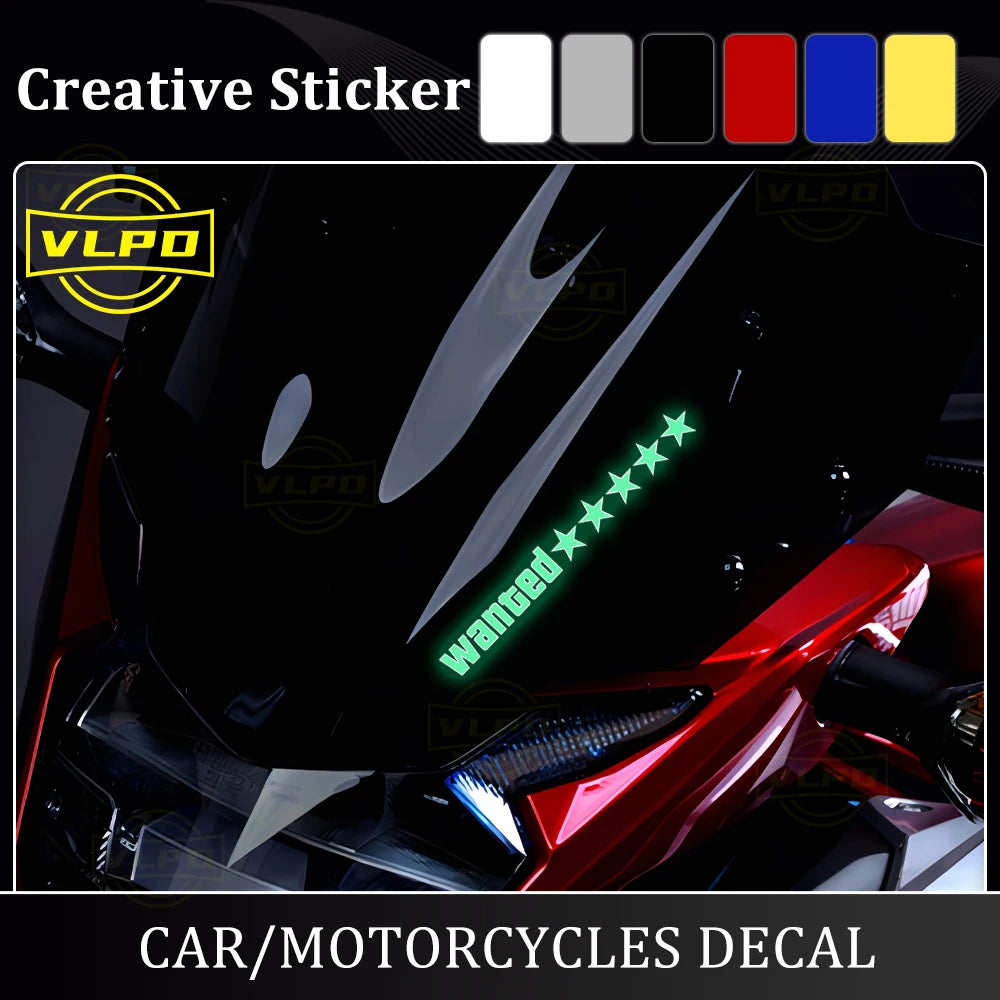 2pcs Motorcycle Glow Stickers Wanted 5 Stars Waterproof Decal for Motorbike Front Fairing Tail Box Side Boxes Decor Accessories