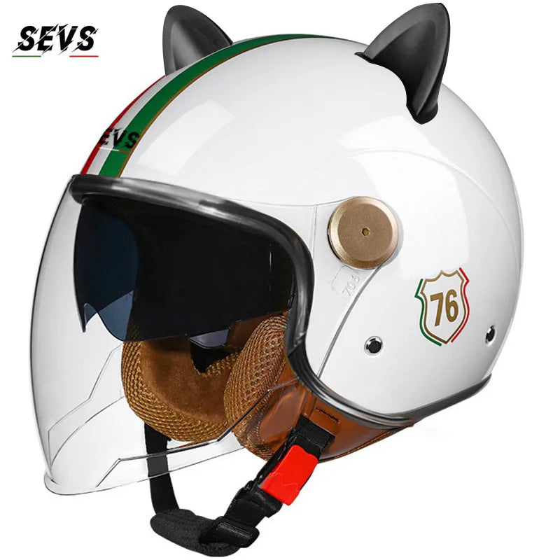 Motorcycle Helmet Retro 3C & DOT Certified Half Face ABS Helmet Dual Visor Hidden Sun Shield Removable Cute Cat Ears