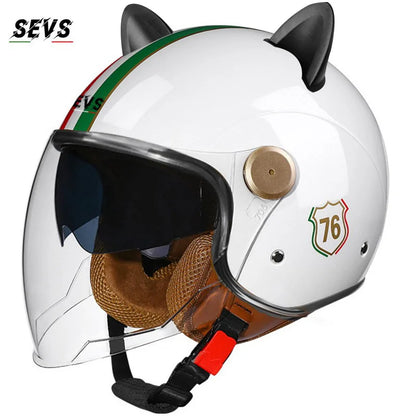 Motorcycle Helmet Retro 3C & DOT Certified Half Face ABS Helmet Dual Visor Hidden Sun Shield Removable Cute Cat Ears