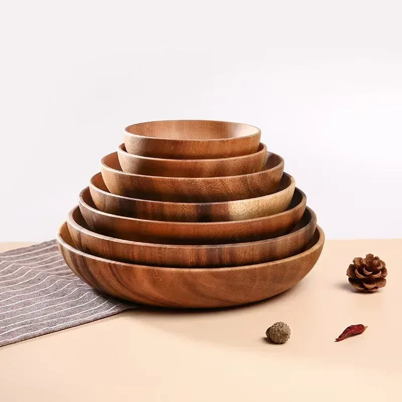 Wood Round Fruit Dish Household Dim Sum Fruit Salad Dish Baby Fall Proof Wooden Bowl Whole Japanese Acacia Wood Thickened Dish