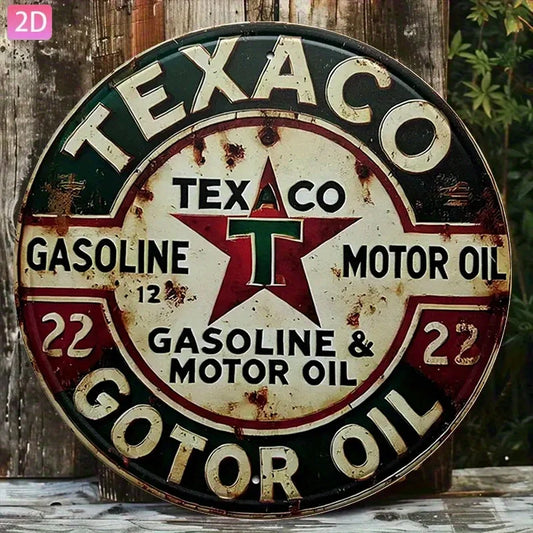 2D Flat - Vintage Texaco Motor Oil Metal Sign in 2D Flat Design - 20.32X30.48 Cm Round Aluminum Wall Art with a Classic Red And