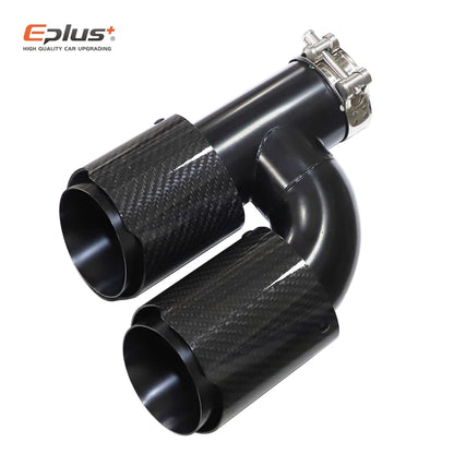 EPLUS Car Carbon Fiber Glossy Muffler Tip H Shape Double Exit Exhaust Pipe Mufflers Nozzle Decoration Universal Stainless Black