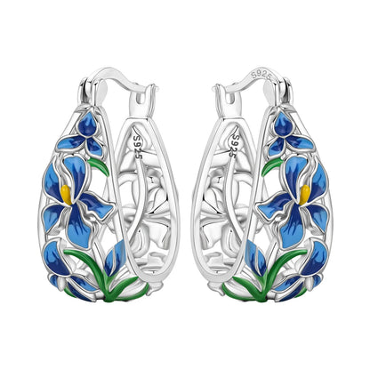 Orstarry Original 925 Sterling Silver Blue Iris Flower Earrings Women Hoop Earring Anniversary Jewelry Trendy Gifts