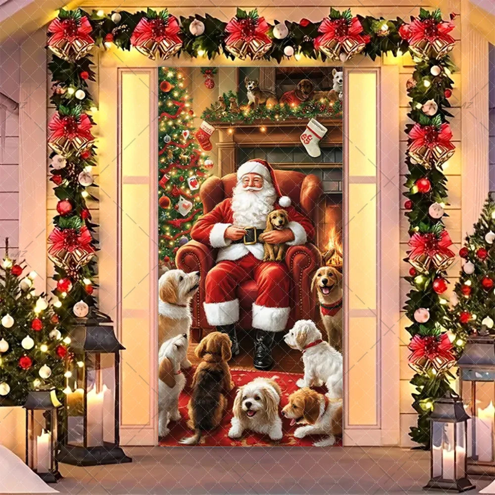 Christmas Humorous Santa Claus And Elk Door Banner Party Decorations Indoor Outdoor Veranda Door Cover Supplies Festive Gifts