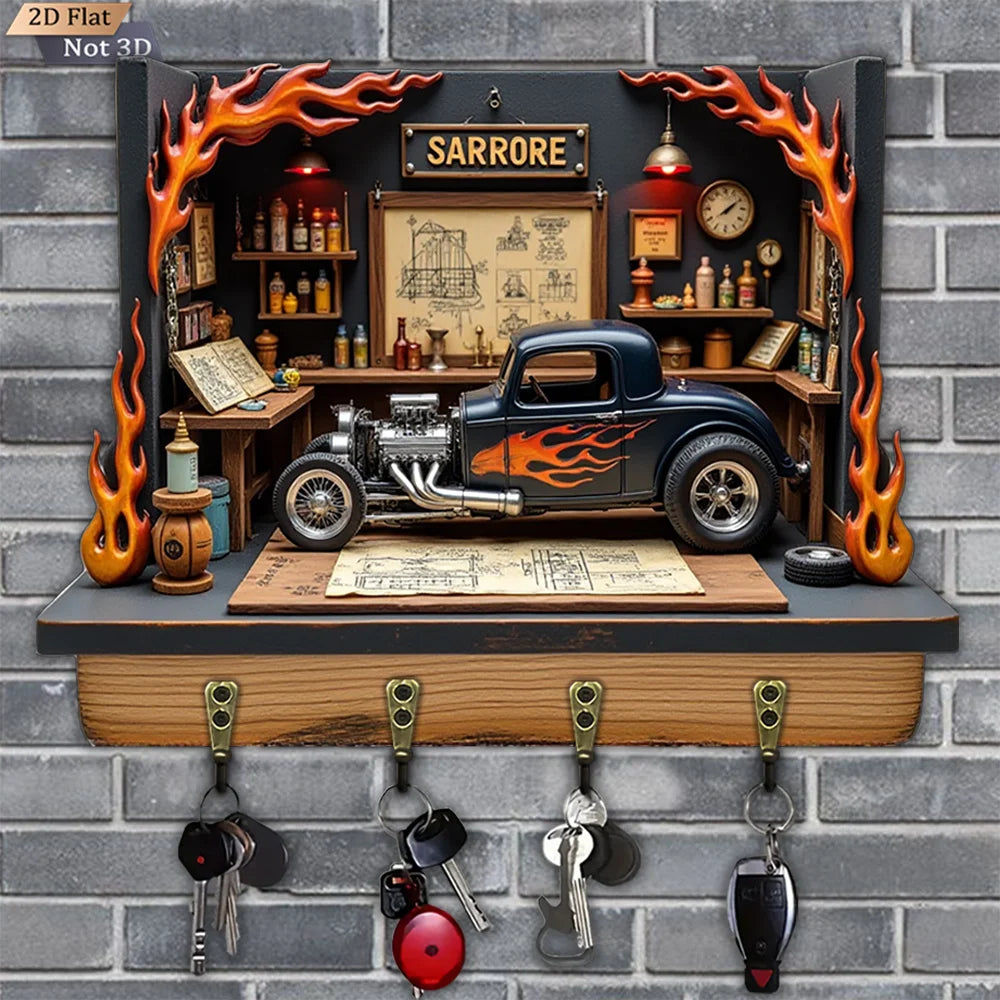 2D Flat, 1pc, Flame Car Key Hook, Wooden Multifunctional Home House Key Hook with 4 Metal Hooks, Wall Decoration, Porch