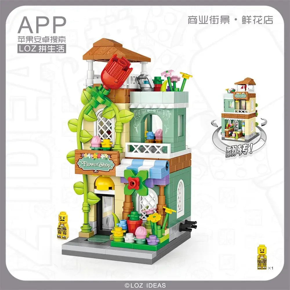 LOZ Blocks FUN Ideas Mini Street Store Toy Small Flower Pisa Shop Brinquedos MOC City House Food Building Bricks Girl Gifts