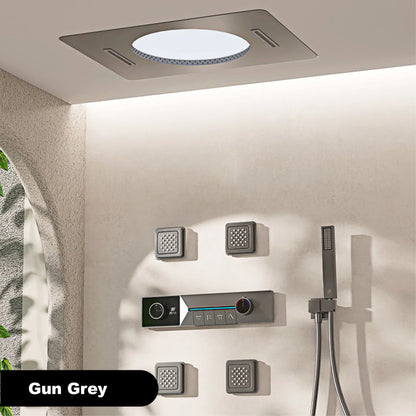 Gunmetal Gray Ceiling Mounted 4-Function Waterfall Shower System with Embedded Brass Thermostatic LED Display Body for Bathroom