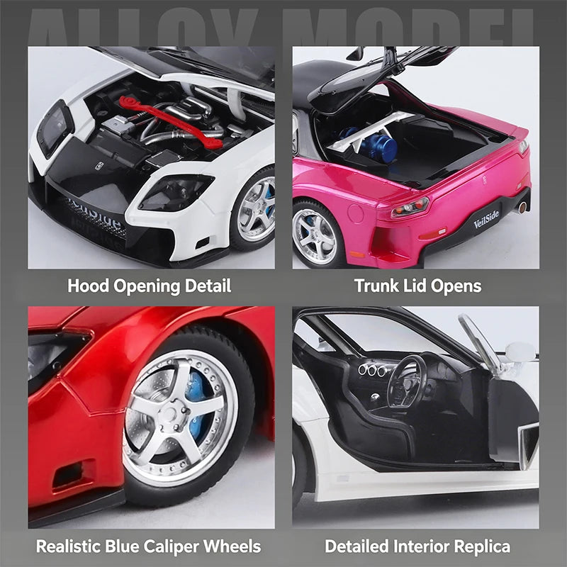 1/24 JDM RX-7 Street Version Die-Cast Model Car with Sound And Light Pull-Back Feature Miniature Ornament Vehicle Collection Toy