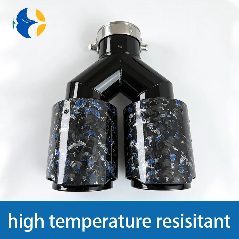 1 pcs AK Logo Blue Foil Forged Carbon Fiber + Black Stainless Steel Car Dual Exhaust Tip Double End Pipe Modification Muffler