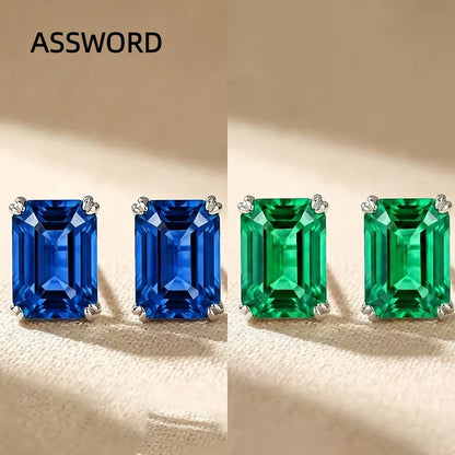 925 Sterling Silver Stud Earrings for Women Blue Sapphire Emerald Color Cubic Zirconia Four Prong Solitaire Earring Jewelry Gift