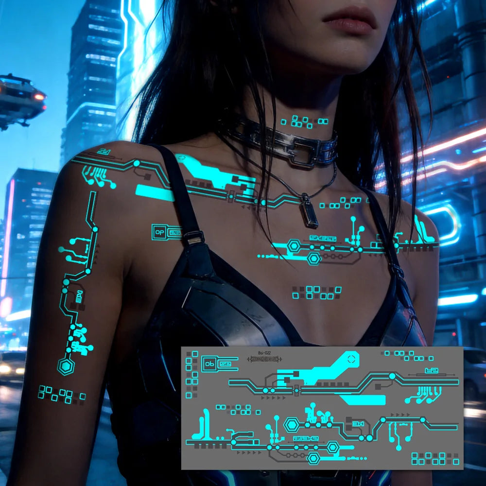 2 Sheets Large Glow In Dark Cyberpunk Mechanical Temporary Tattoos Sci-Fi Robot Line Waterproof Stickers for Cosplay Party