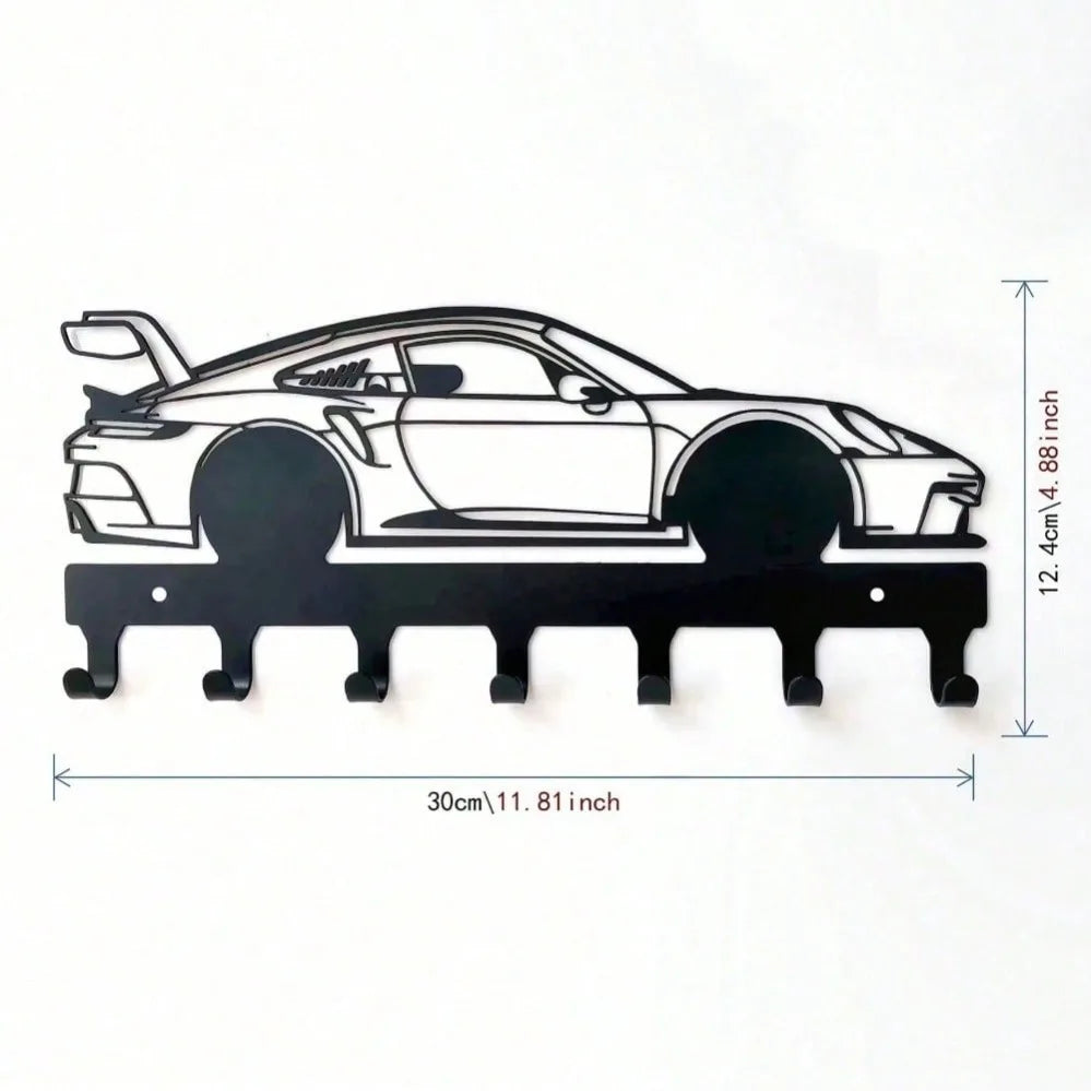 Black Racing Car Metal Wall Art Key Holder, Waterproof Rustproof Heavy Duty for Home Garage Decor Gift