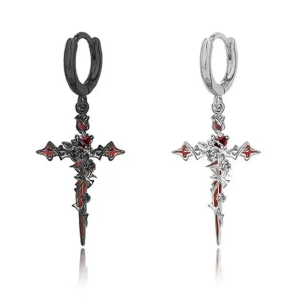 Punk Thorn Rose Cross Earrings Sweet Cool Dark Style Earring Pendant Necklace Party Halloween Jewelry