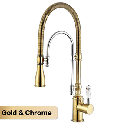AITANA Luxury Golden Brass Kitchen Faucet with Retro Design, Single Handle Hot and Cold Dual Control 2 Function Sink Mixer