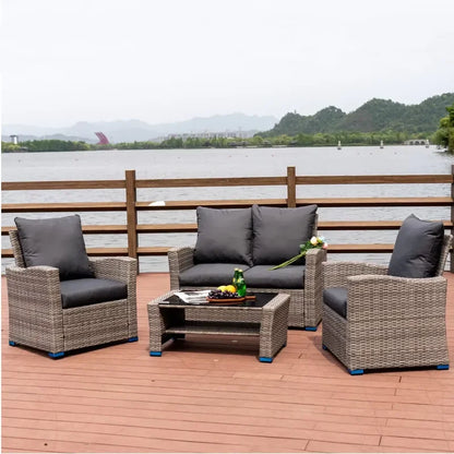 Waterproof European Style Patio Wicker Lounge Sofa Outdoor Conversation Sets Modern Rattan Garden Furniture Hotel Armchairs