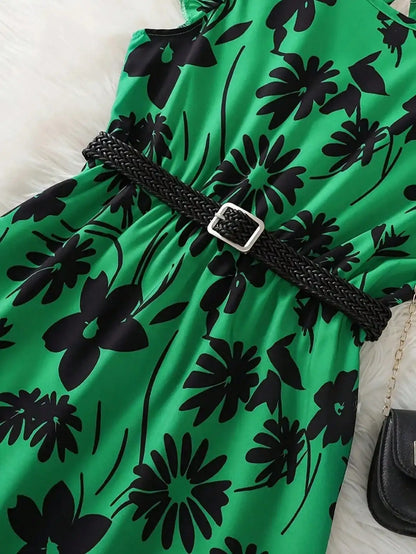 Chic teenage girl green floral long skirt with belt - casual round neck ruffle sleeves, perfect for summer, teenage jumpsuit