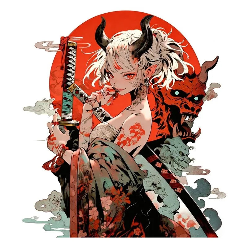 1Pc Japanese Demon Samurai Anime Girl Vinyl Sticker, Waterproof Decal For Car Motorcycle Laptop Window Decor, Holiday Gift