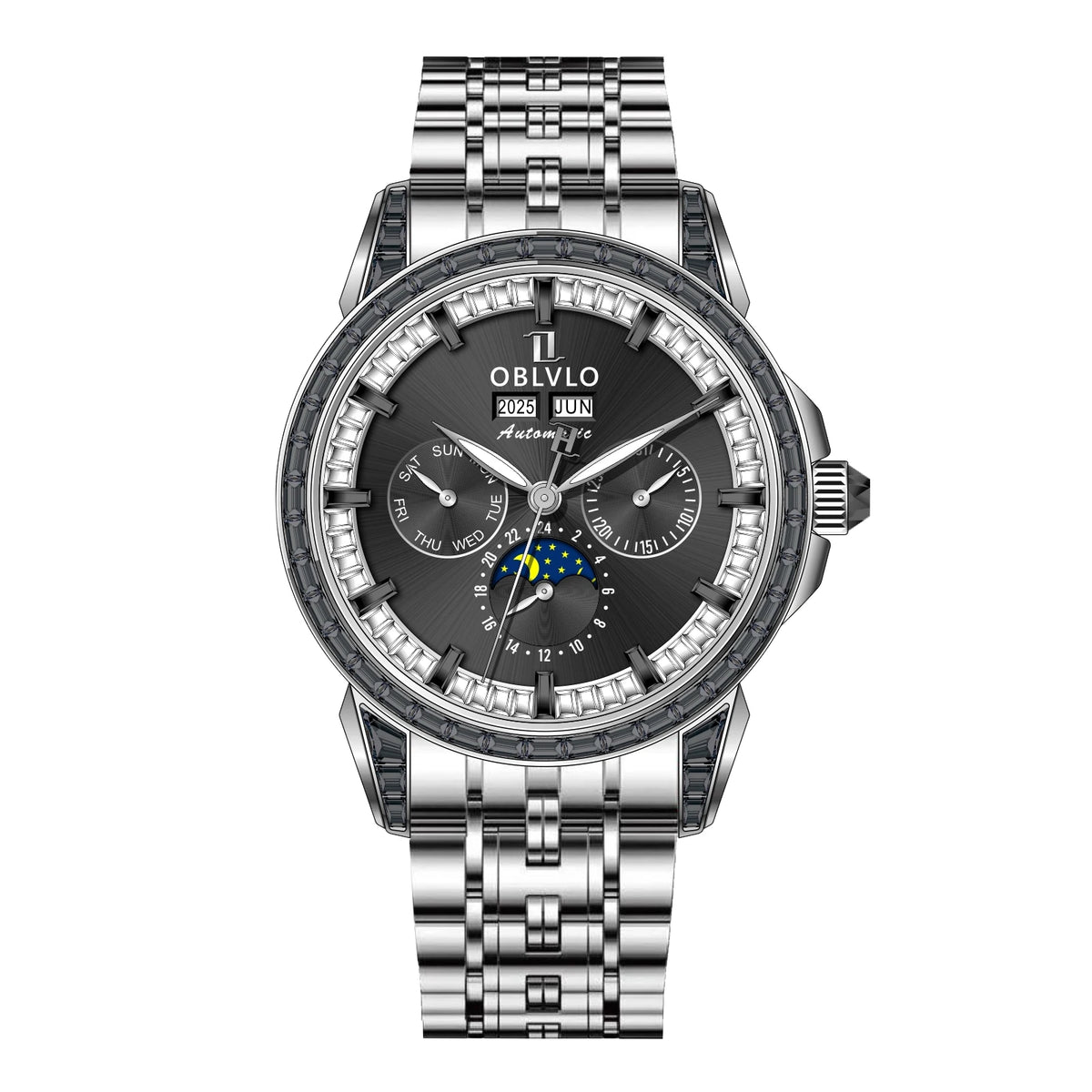 OBLVLO Men's Fashion Automatic Watch Colorful Zircon Moonphase Mechanical Multifunctional Black Leather Strap Timepiece GCM-MUT
