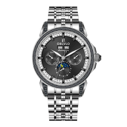 OBLVLO Men's Fashion Automatic Watch Colorful Zircon Moonphase Mechanical Multifunctional Black Leather Strap Timepiece GCM-MUT