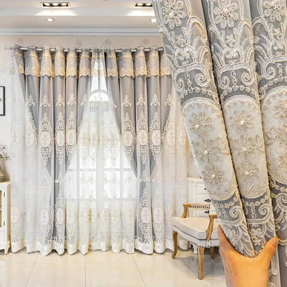 1pc Double Layer Multicolor Blackout Curtain, European Palace Embroidered Sheer + Blind Set, Easy Install for Living Room Bedroo
