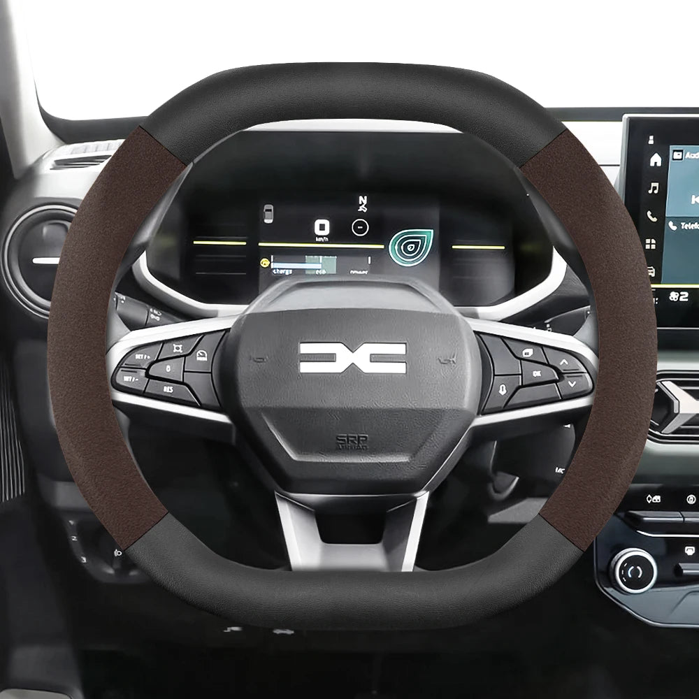 Suitable for Dacia Suede Matte Carbon Fiber Texture Steering Wheel Cover, Suitable for Models Such as Sandero Stepway, Duster, Jogger, Bigster, Spring, Electric, Cargo, Logan, Etc., Black Mocha Car Accessories