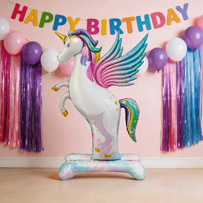 Giant 3D Self-Standing Unicorn Foil Balloon with Stable Base, Rainbow Gradient Unicorn with Wings Inflatable Mylar Balloon for K