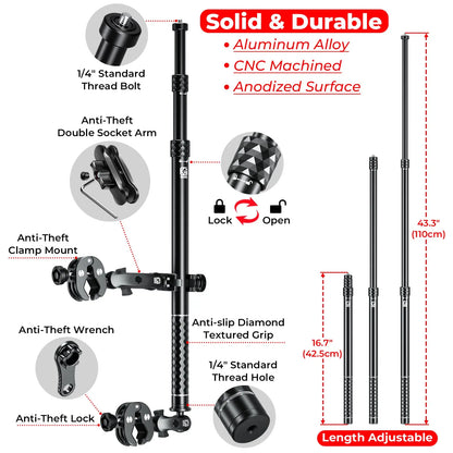 Aluminum Alloy Motorcycle Camera Mount Kit for GoPro Insta360 DJI, Heavy-Duty Anti-Theft Clamp Extendable Selfie Stick for Bike