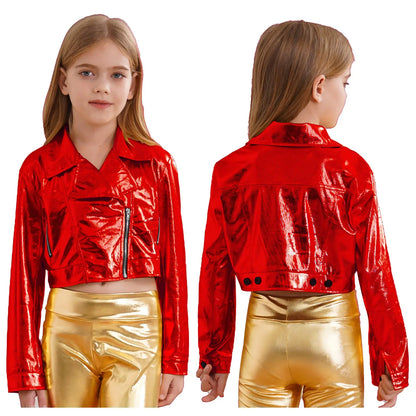 Kid Girls Boys Zipper Metallic Motorcycle Jacket Coat Hip-Hop Jazz Street Dance Outwear School Party Stage Performance Dancewear