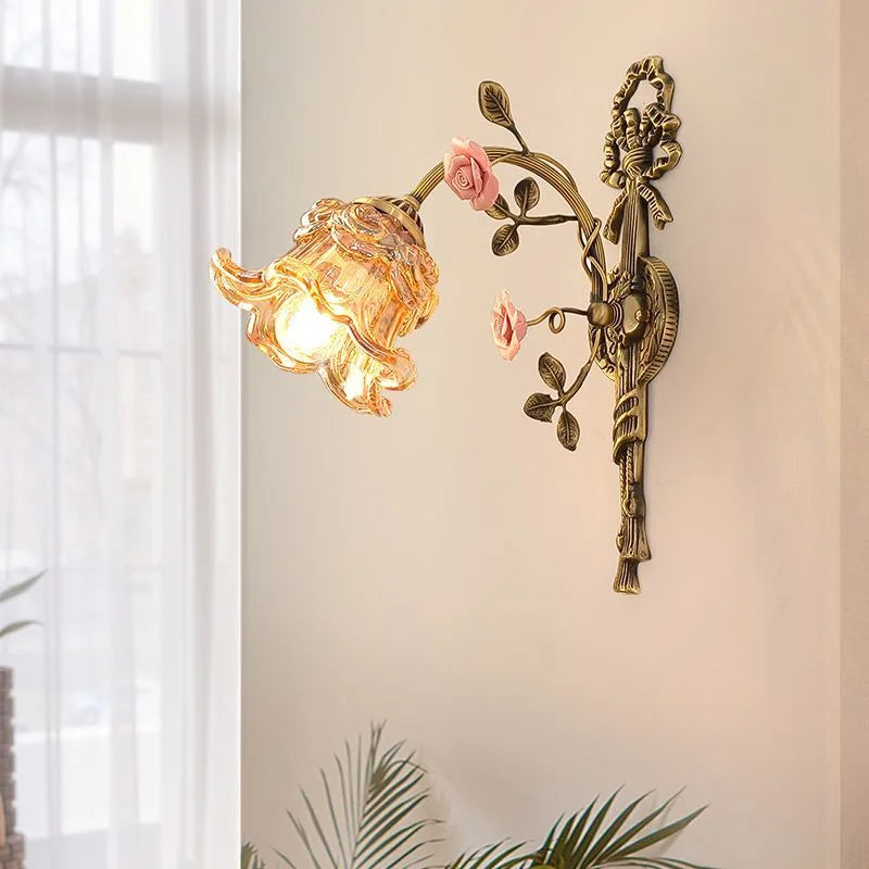 French Vintage Rural Romantic Ceramic Flower Luxury High-End Eye-Friendly Full-Spectrum Dining Room Full Copper Glass Wall Lamp