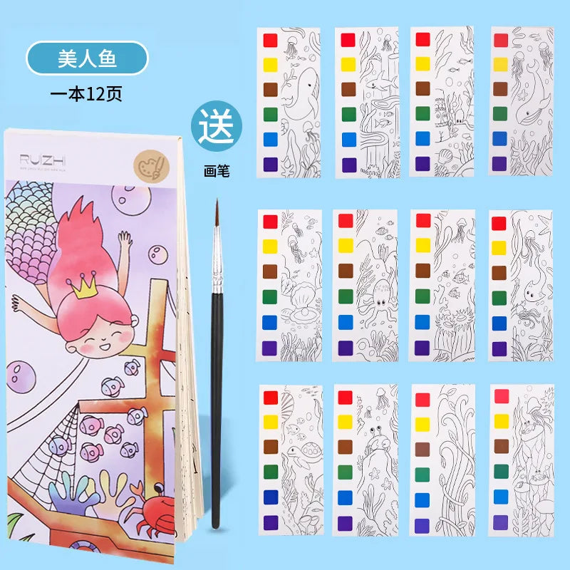 12 pages New Children's Watercolor Coloring Book,Student Coloring And Drawing Book, With Built-in Watercolor Paint Pens