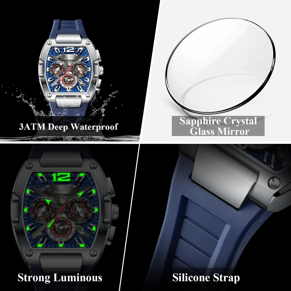 POEDAGAR Luxury Man Quartz Watch Sports Military Watch For Men Waterproof Luminous Date Chronograph Silicone Strap Men's Watches