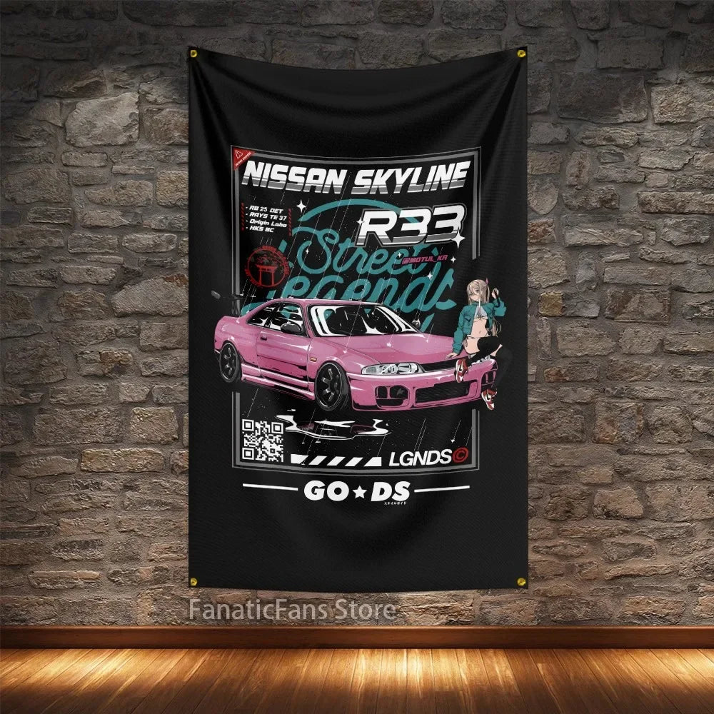 JDM Modified Racing Car Flagge Polyester Digital Printing Cars Banner For Decoration