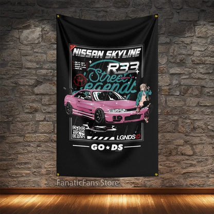 JDM Modified Racing Car Flagge Polyester Digital Printing Cars Banner For Decoration