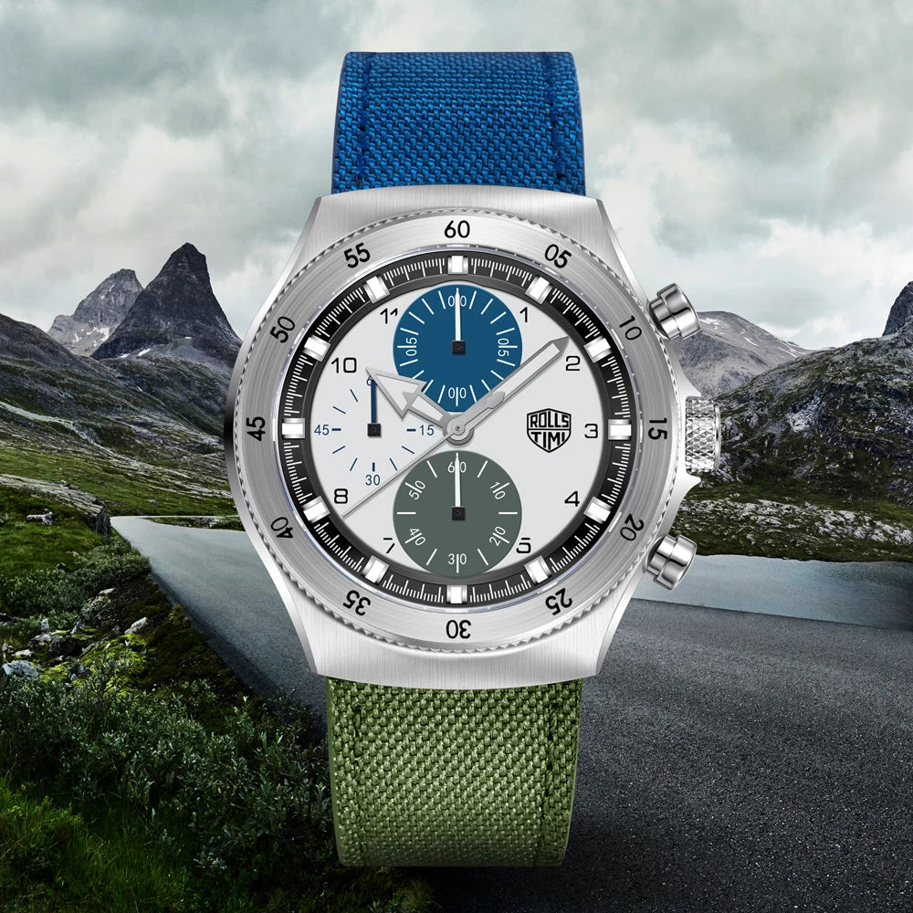 2026 RollsTimi New Men's Watches Two-color Nylon Quartz Watch Men Sport Chronograph Japan Movt AR Sapphire Glass Wristwatch Men