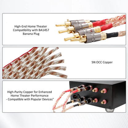 Hifi Flat Speaker Cable 5N OCC Copper Loudspeaker Wire Self-Locked Banana Plug Hifi Audio Cable With Foil Shield Home Cinema KTV