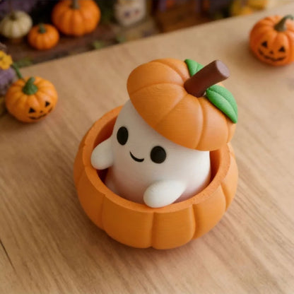 Set Includes Pumpkin Base, Ghost & Hat, Creative 3D Printed Halloween Pumpkin Elf Decor, Desktop Ornament for Holiday Scene, Hom