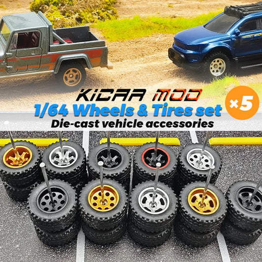 1/64 Wheels Fixed Rubber Tires All Terrain for Toy Model Diecast Cars Refitting Parts for MINIGT (5 Sets for 5 Cars)