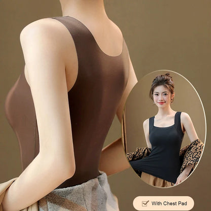 For 40-90kg Autumn Seamless Plus Size Thermal Vest With Build-in Bra For Women Fixed Cup Beauty Skin Tank Tops Square Collar