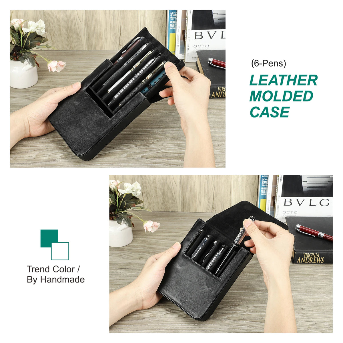 Luxury Genuine Leather 6 Slots Pen Case With Removable Pen Tray Holder Pencil Case Office School Supplies Pouch Creative Gift