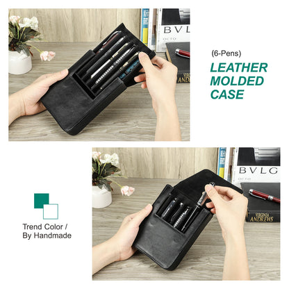 Luxury Genuine Leather 6 Slots Pen Case With Removable Pen Tray Holder Pencil Case Office School Supplies Pouch Creative Gift