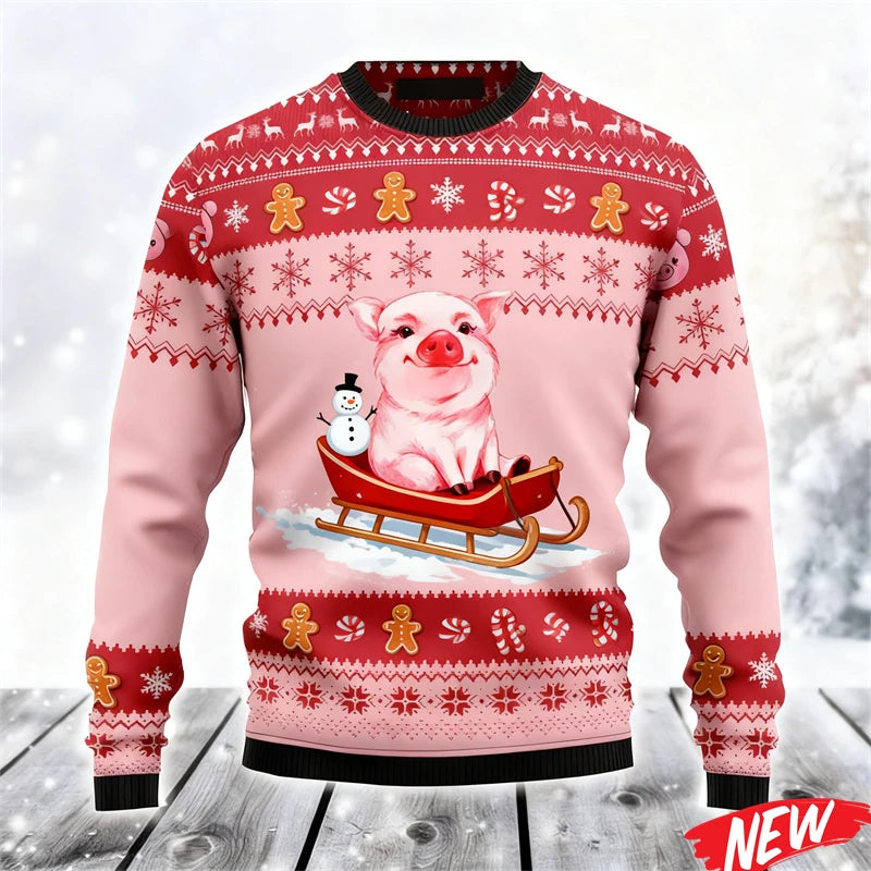 2026 Ugly Christmas Sweater For Men Cute Animal Pig Pattern Oversized Sweatshirt Family New Year Holiday Round Neck Hoodie