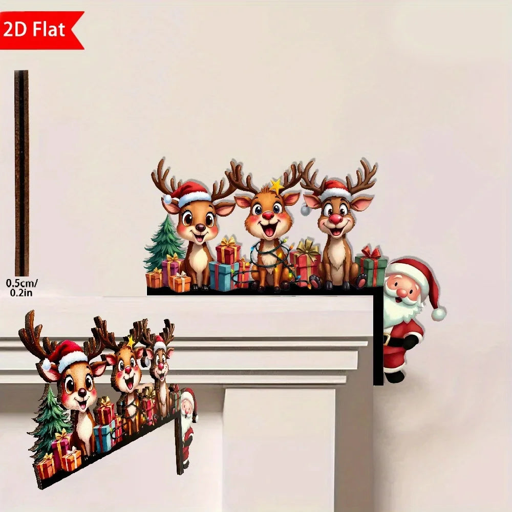 1Pcs 2D Christmas Corner Sign Elk Gift Santa Claus Frame Wooden Door Sitter Home Wall Decors Festive Xmas Decor Gifts