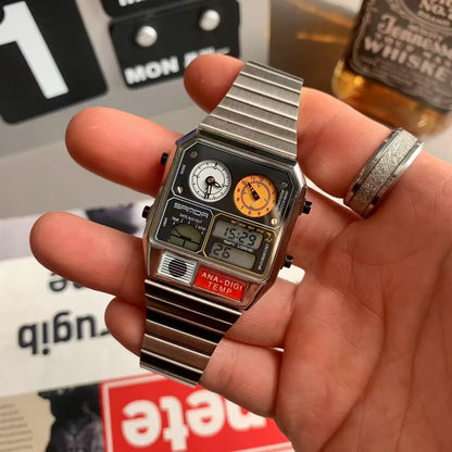 Ultra-thin Steel Alarm Electronic Multifunctional Retro Display Square quartz Watches Men's Outdoor Sports Clock Dual AAA Watch