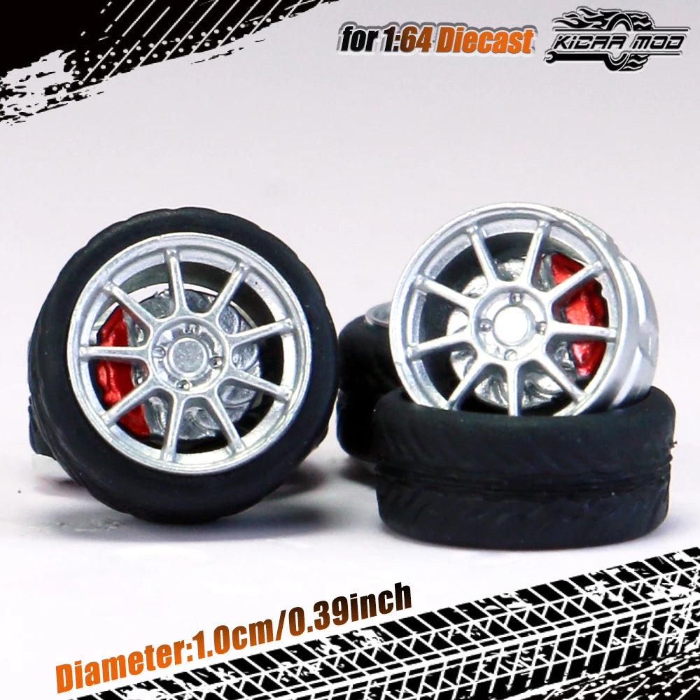 Kicarmod 1/64 Model Car ABS Wheels with Rubber Tire Brake Disc Refitting Parts Diameter 10mm For Model Car Tomica