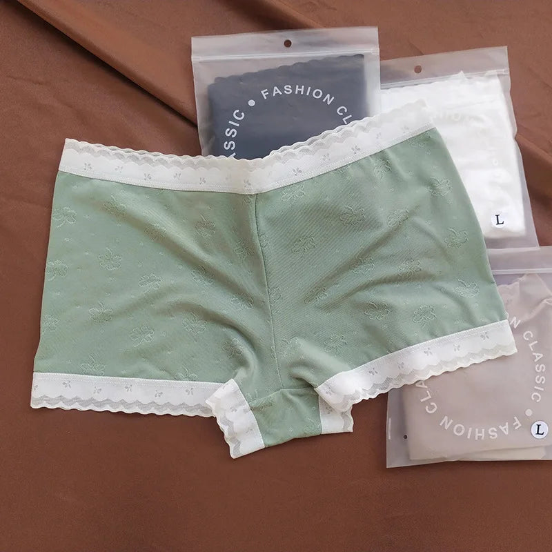 3Pcs/Set Ice Silk Boyshort Women Low Waist Panties Female Underpants Solid Color Lace Underwear Sexy Lingerie M-XL Boyshorts
