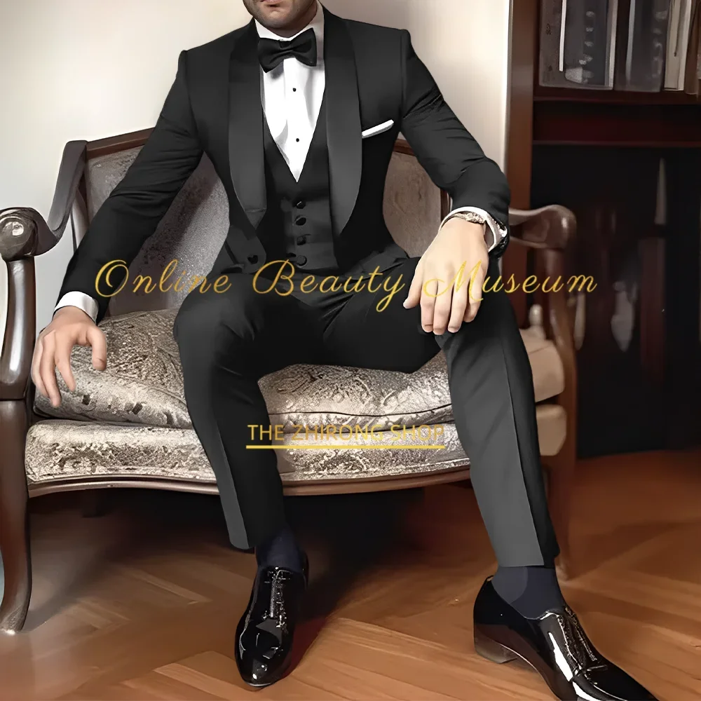 Classic Navy Blue Men's Suit 3-Piece Black Shawl Lapel Jacket Vest Pants Slim Fit Set for Wedding Cocktail Birthday Prom Party