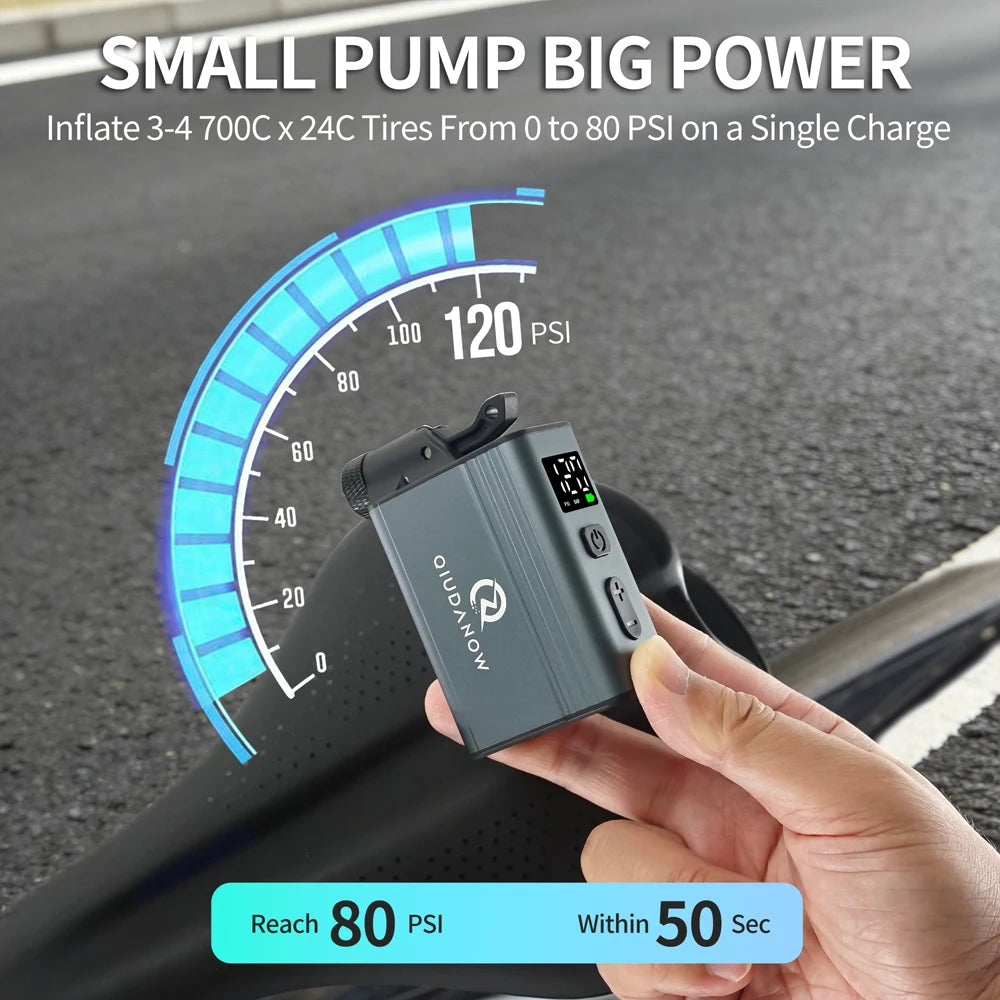 QIUDANOW Mini Electric Bike Portable Air Inflator Tire Gauge Wireless Air Pump Schrader Presta Clik Valve Bicycle Accessories